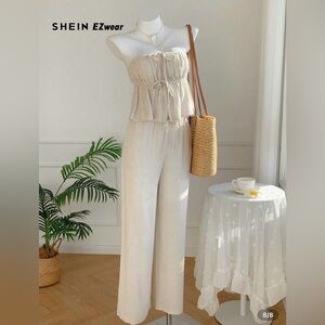 Cream Strapless Linen Top and Pants Set